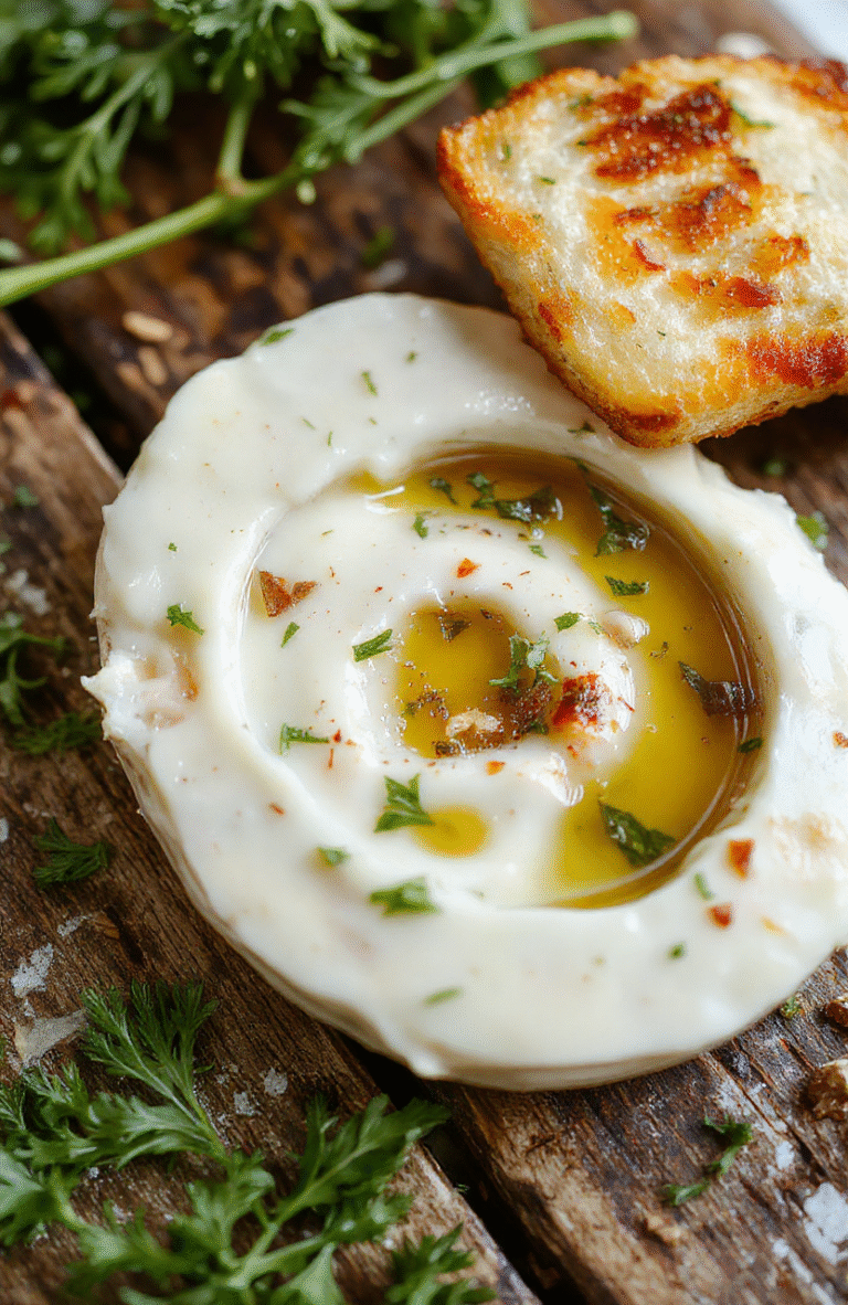 A shallow white bowl filled with golden garlic-infused olive oil, garnished with fresh herbs and crushed red pepper flakes, accompanied by crusty bread slices and rustic wooden background