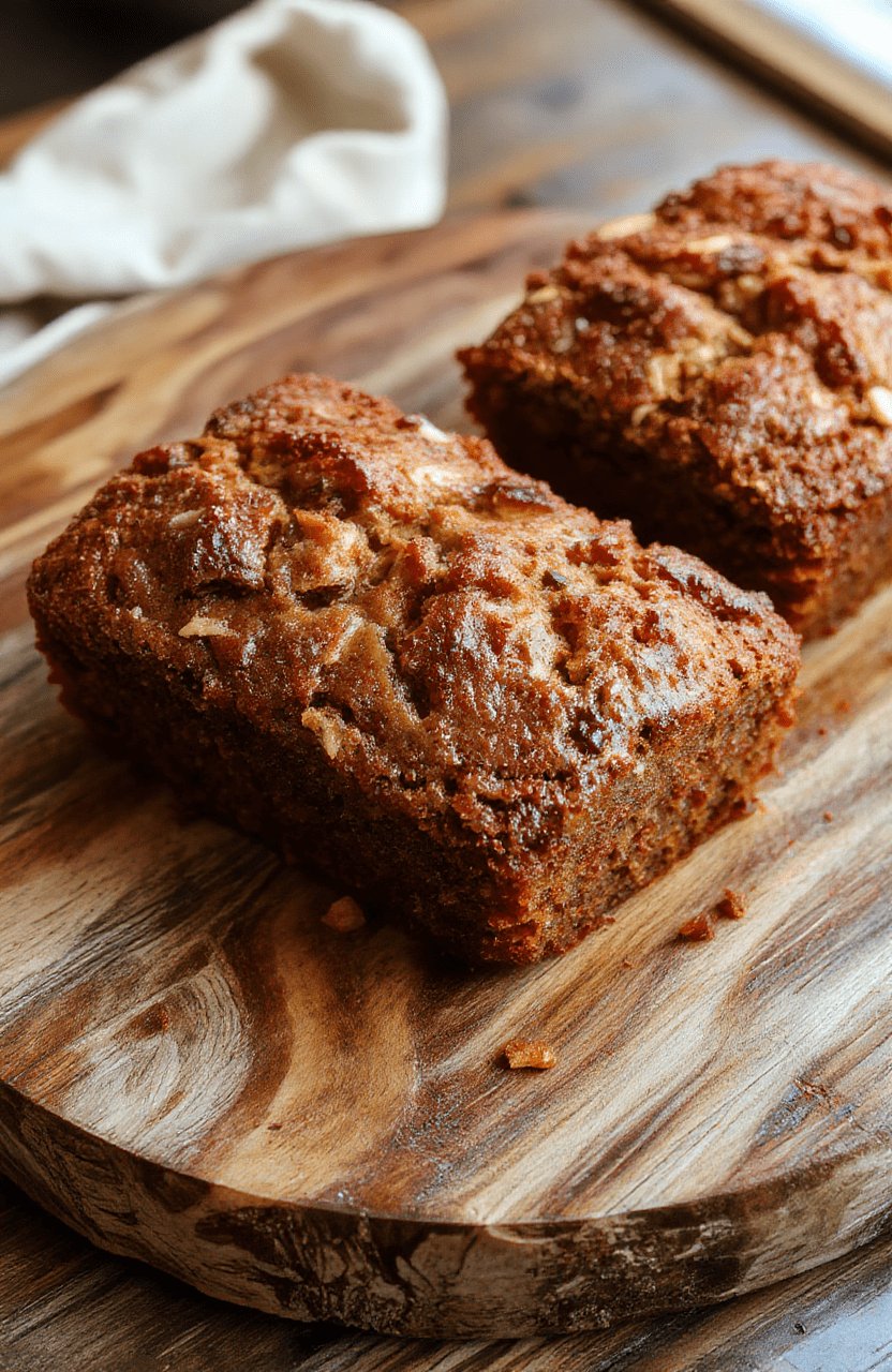 A slice of carrot banana cake bread on a rustic wooden plate, topped with whipped cream and grated carrots, with visible banana chunks and shredded carrots in the moist crumb, styled with a sprig of mint, natural daylight highlighting the vibrant orange and yellow hues, soft shadows, casual setting.