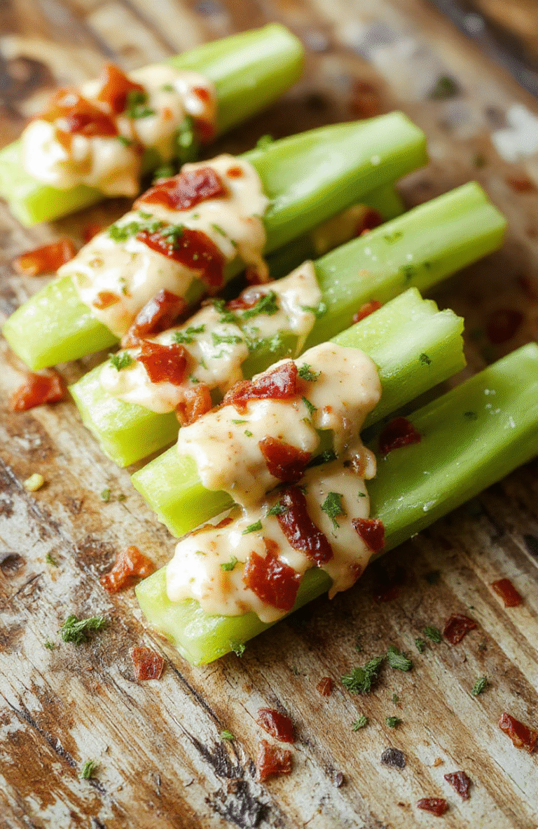 Colorful plate of celery sticks filled with creamy cheddar cheese, crispy bacon pieces, and ranch dressing, garnished with chopped herbs, presented on a rustic wooden board