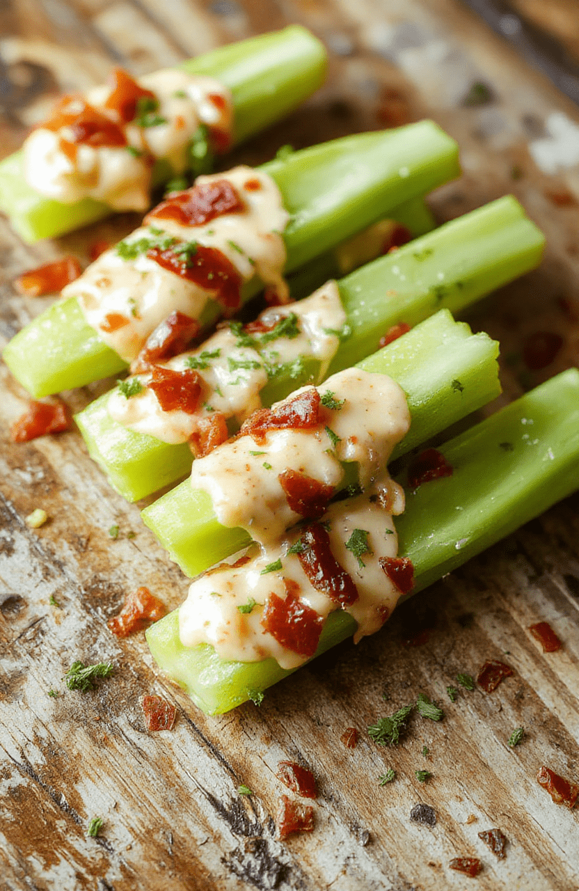 Colorful plate of celery sticks filled with creamy cheddar cheese, crispy bacon pieces, and ranch dressing, garnished with chopped herbs, presented on a rustic wooden board