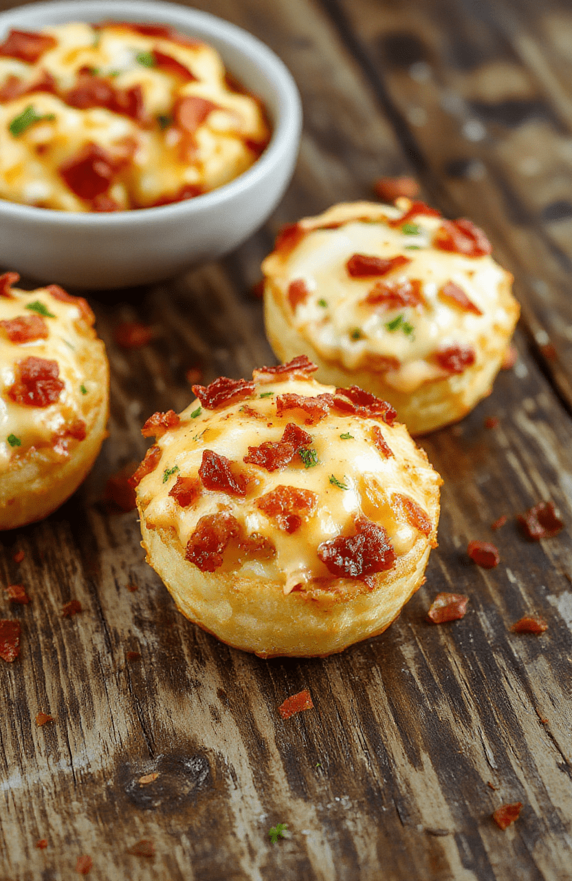Golden brown crispy tater tot cups topped with melted cheese, crispy bacon bits, and green onions, served on a white plate with a rustic background, vibrant colors, and a tempting, savory appearance.