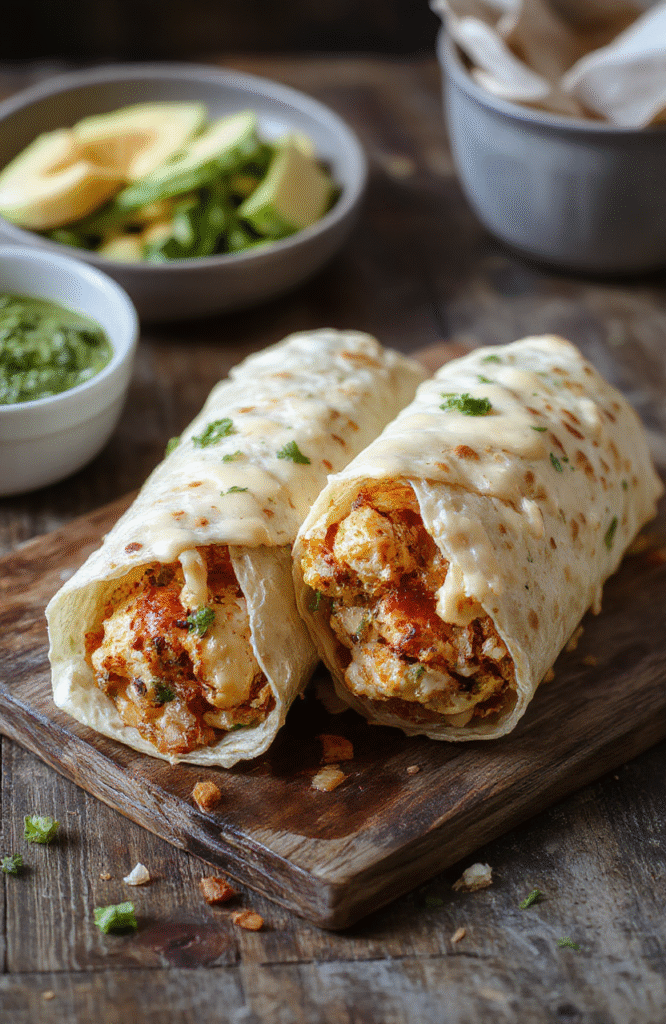 Colorful cheesy garlic chicken wraps arranged on a rustic wooden platter, filled with golden grilled chicken, melted cheese, fresh herbs, and crispy lettuce, with a sprinkle of chopped garlic and herbs for garnish.