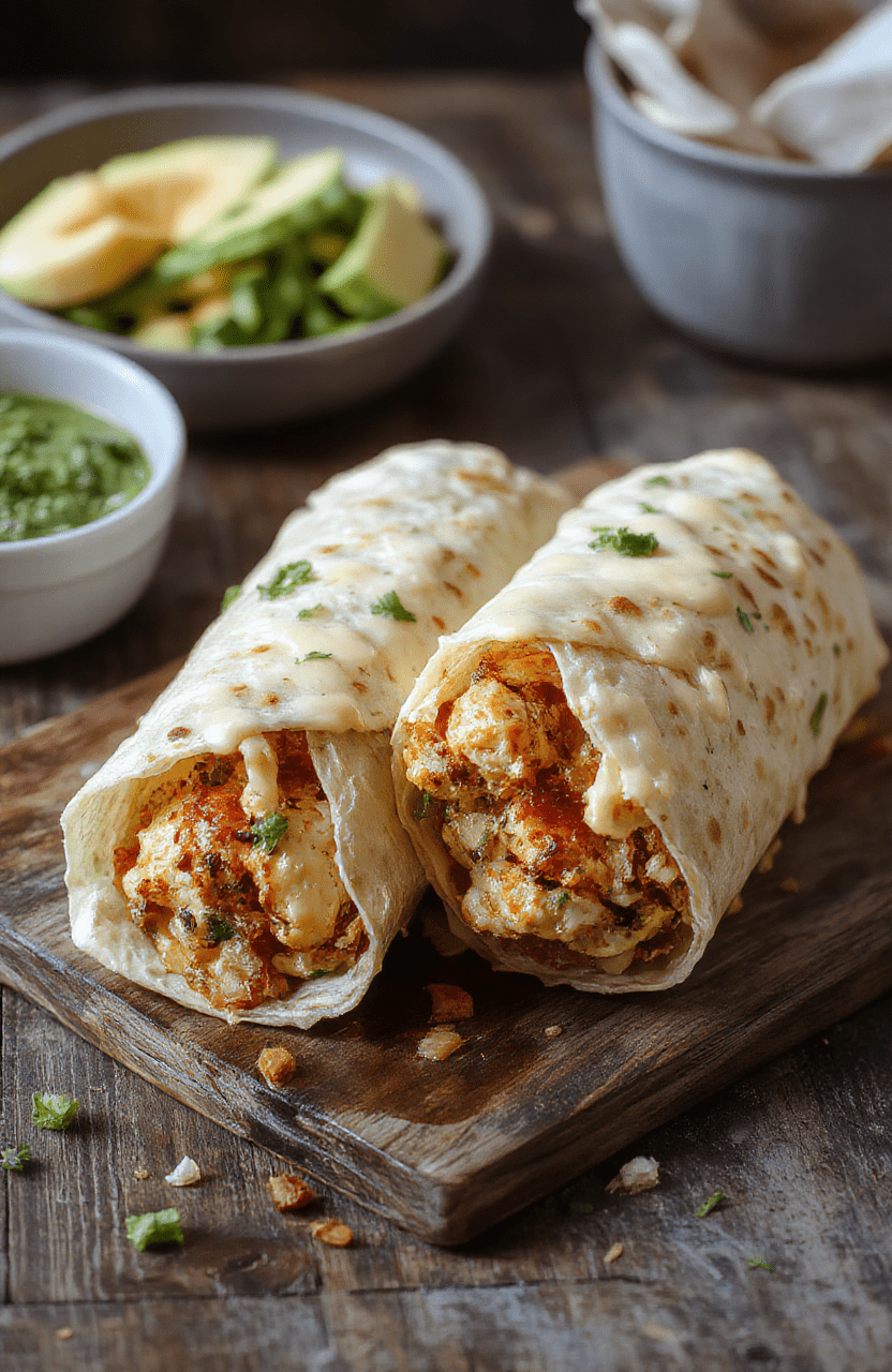 Colorful cheesy garlic chicken wraps arranged on a rustic wooden platter, filled with golden grilled chicken, melted cheese, fresh herbs, and crispy lettuce, with a sprinkle of chopped garlic and herbs for garnish.