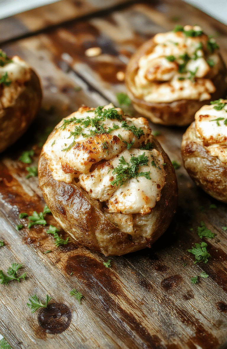 A close-up of a baked potato generously topped with shredded chicken, melted cheese, and crispy bacon bits, garnished with chopped green onions. The vibrant golden-brown potato skin contrasts with the creamy filling, presented on a rustic wooden surface with a cozy, inviting atmosphere.