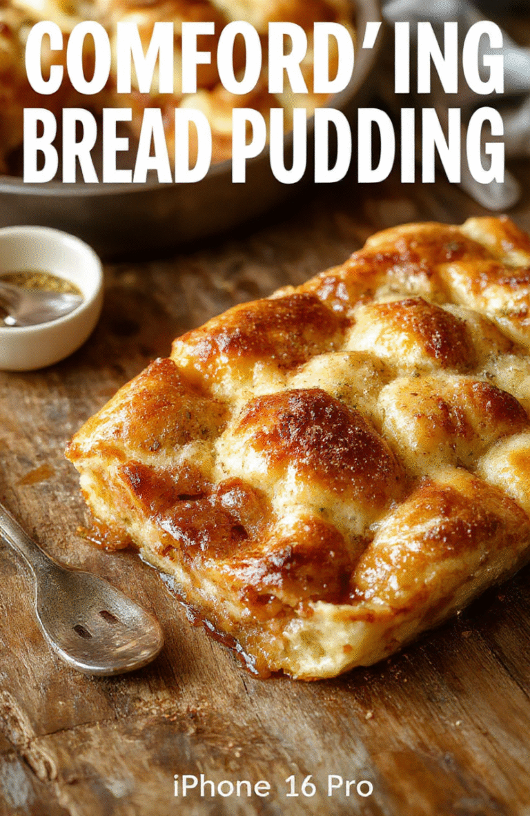 A warm, golden-brown bread pudding served in a rustic white bowl, topped with a dusting of powdered sugar and a drizzle of caramel sauce. The pudding's crispy edges contrast with its soft, custardy interior, garnished with fresh berries and mint leaves. The background features a cozy wooden table with a fork resting on a napkin, evoking a comforting homemade vibe.