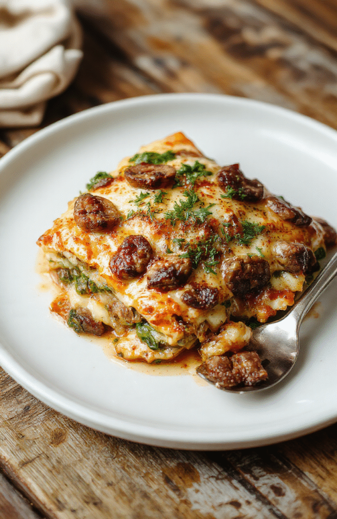 A beautifully layered mushroom and spinach lasagna on a rustic wooden table, showcasing golden bubbly cheese, vibrant green spinach, earthy mushrooms, and perfectly cooked pasta, styled simply with soft natural light highlighting textures and colors.