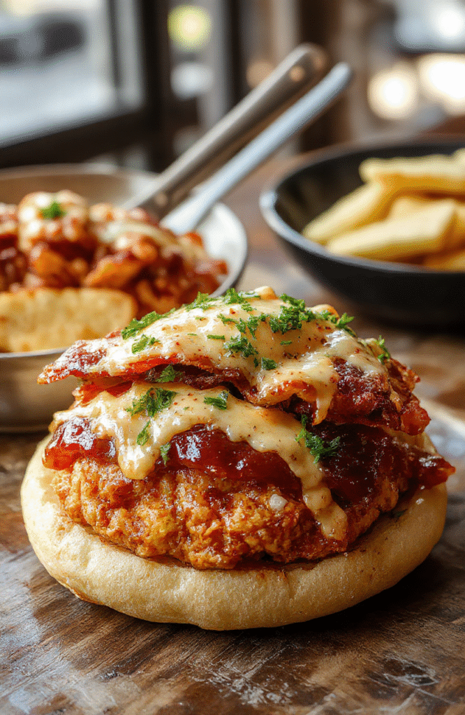A vibrant plate featuring succulent BBQ chicken topped with crispy bacon and melted cheddar cheese, garnished with fresh herbs and served alongside colorful roasted vegetables, with a rustic wooden background emphasizing a hearty, home-cooked feel.