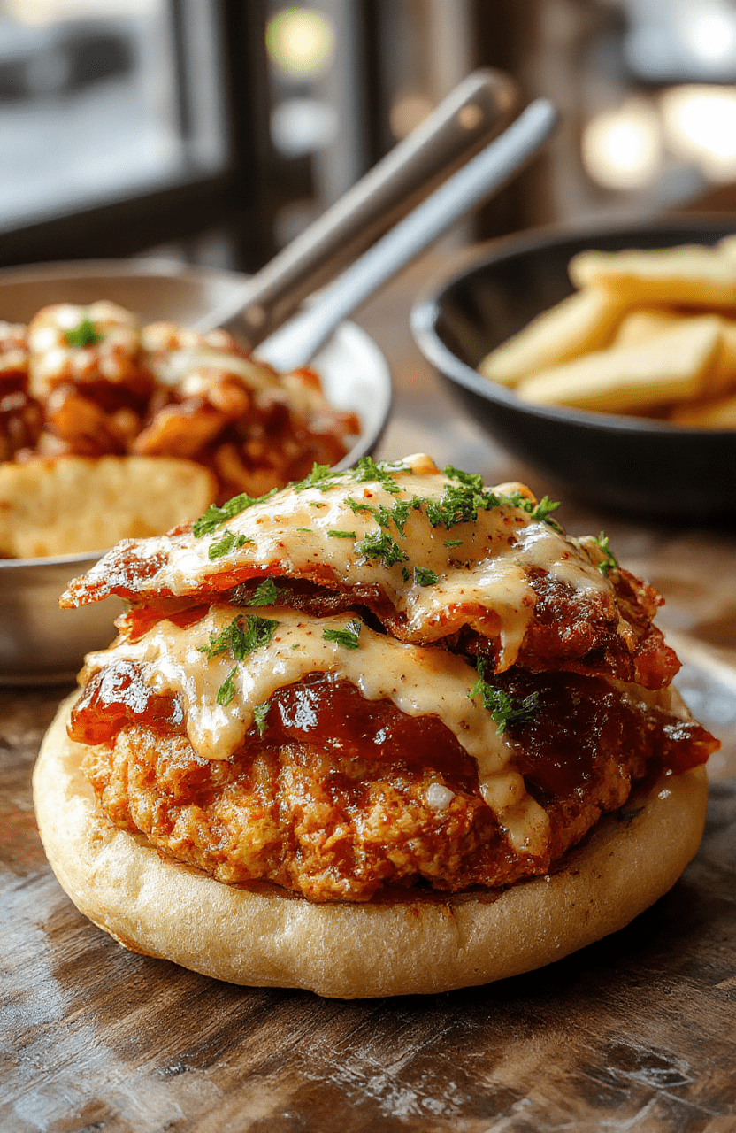 A vibrant plate featuring succulent BBQ chicken topped with crispy bacon and melted cheddar cheese, garnished with fresh herbs and served alongside colorful roasted vegetables, with a rustic wooden background emphasizing a hearty, home-cooked feel.