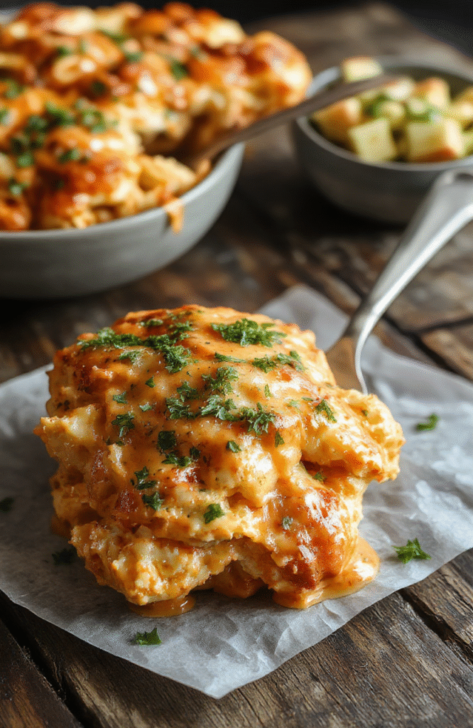 A vibrant casserole dish featuring golden-brown cauliflower florets topped with a creamy buffalo chicken sauce, garnished with chopped green onions and melted cheese, styled on a rustic wooden table with a neutral background.
