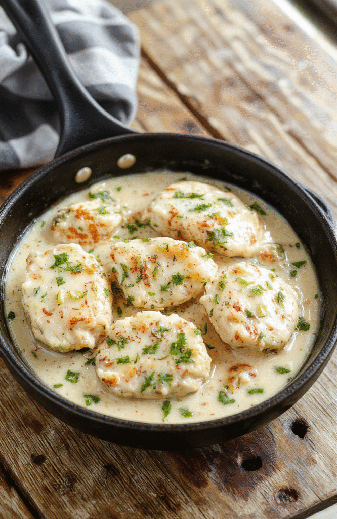 A vibrant chicken skillet topped with slices of green and red pepperoncini peppers, creamy sauce drizzled over tender chicken breasts, served on a rustic wooden table with fresh herbs and a side of vegetables, highlighting textures of tender meat and crispy edges, colorful peppers adding brightness to the presentation.
