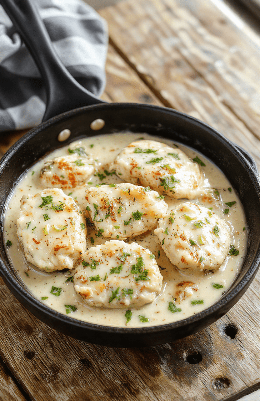 A vibrant chicken skillet topped with slices of green and red pepperoncini peppers, creamy sauce drizzled over tender chicken breasts, served on a rustic wooden table with fresh herbs and a side of vegetables, highlighting textures of tender meat and crispy edges, colorful peppers adding brightness to the presentation.