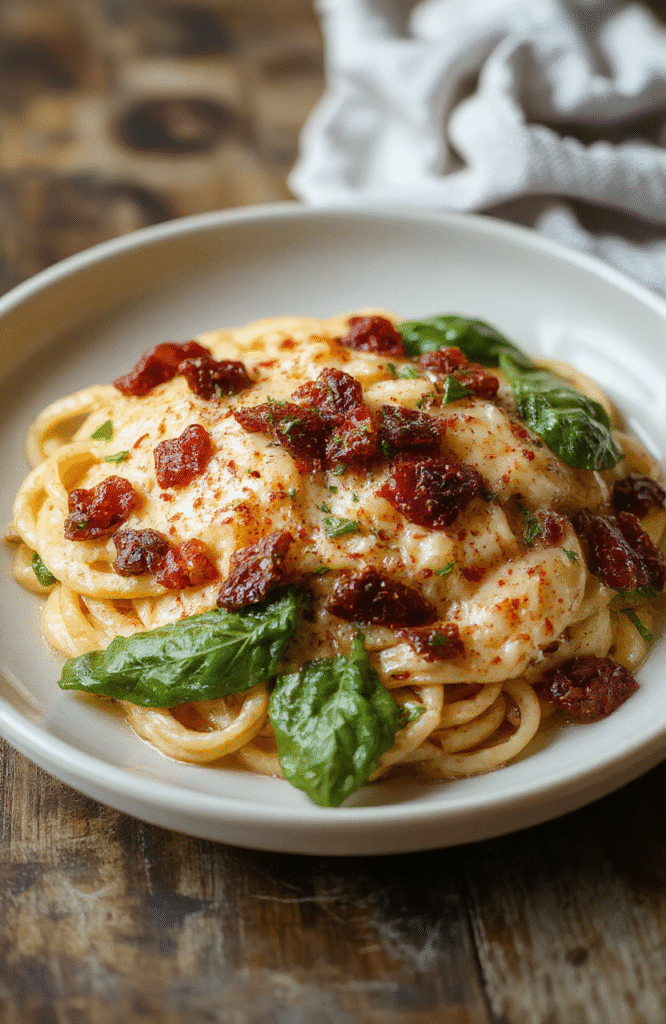 A vibrant plate of Creamy Sun-Dried Tomato Spinach Pasta featuring local green spinach leaves and red sun-dried tomatoes coated in a smooth, creamy sauce, garnished with grated cheese and fresh herbs, set on a rustic wooden table with natural lighting highlighting the textures and colors.