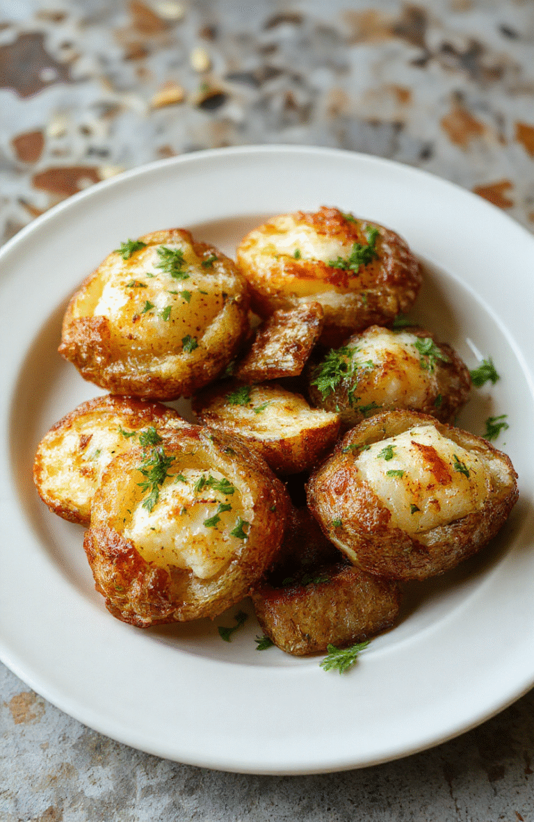 Golden-brown crispy baked potatoes arranged on a rustic white plate, fluffy insides visible with a creamy texture, garnished with fresh herbs, styled for a cozy kitchen setting