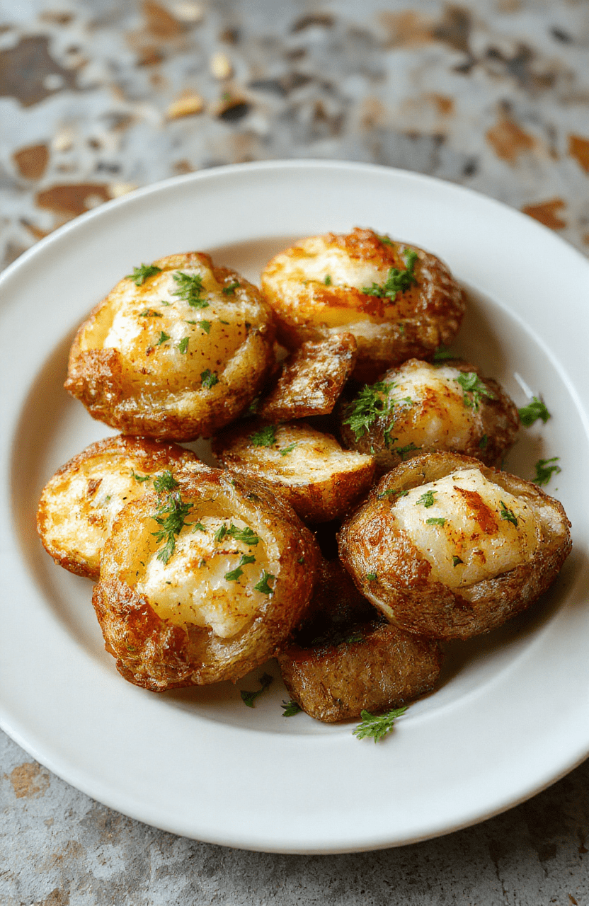 Golden-brown crispy baked potatoes arranged on a rustic white plate, fluffy insides visible with a creamy texture, garnished with fresh herbs, styled for a cozy kitchen setting