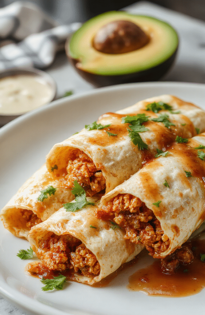 Golden-brown crispy chicken taquitos arranged on a rustic white plate with a side of fresh salsa, resting on a wooden table with a light background, showcasing the crunchy texture and flavorful filling inside.
