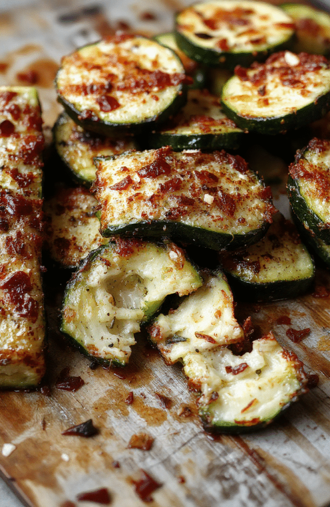 Golden-brown baked zucchini slices coated with crispy parmesan cheese atop a white ceramic plate, garnished with fresh herbs, showcasing a crunchy texture and vibrant green zucchini against a neutral background.