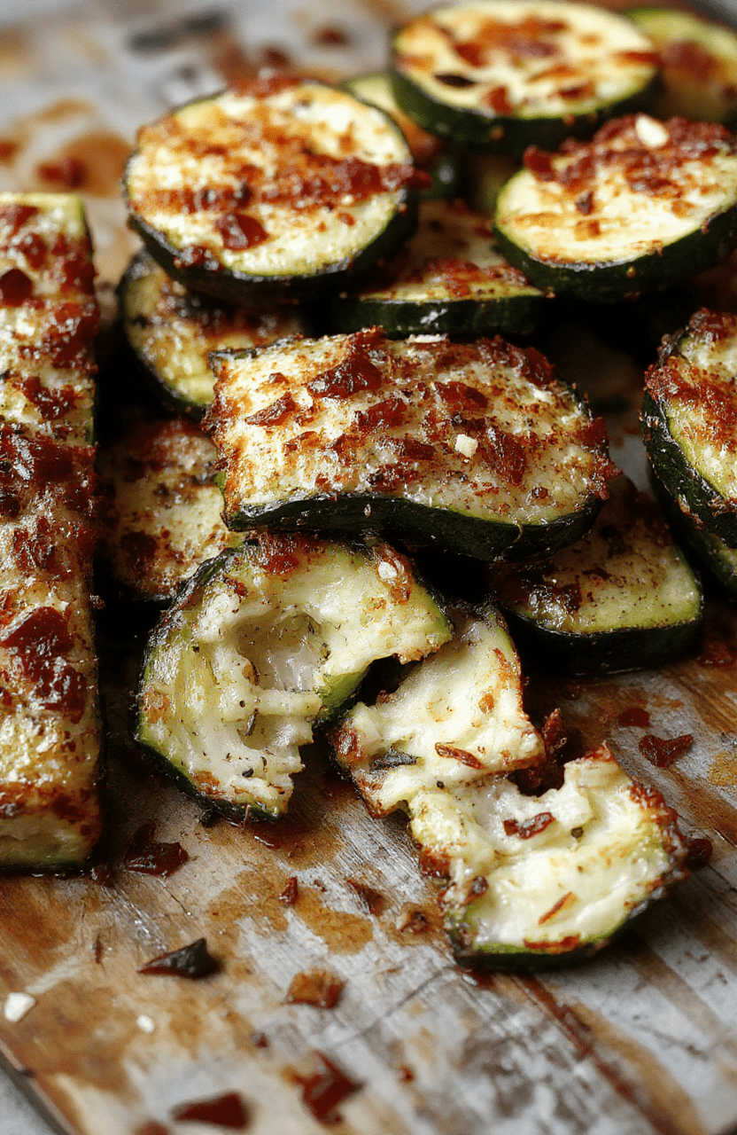 Golden-brown baked zucchini slices coated with crispy parmesan cheese atop a white ceramic plate, garnished with fresh herbs, showcasing a crunchy texture and vibrant green zucchini against a neutral background.