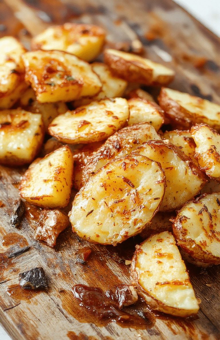 Golden crispy baked potato slices arranged on a white plate, garnished with fresh herbs, with a textured wooden background and a drizzle of sauce, showcasing their crunchy edges and tender insides