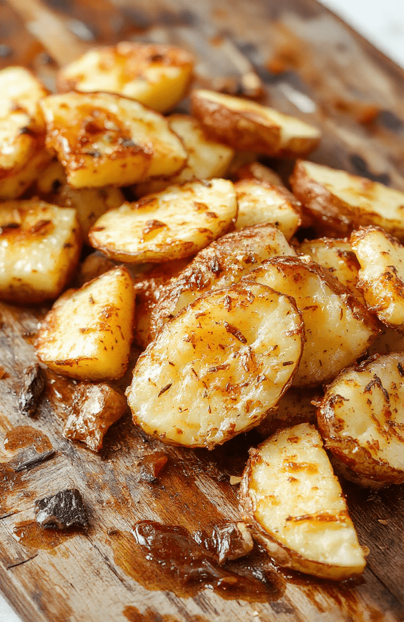 Golden crispy baked potato slices arranged on a white plate, garnished with fresh herbs, with a textured wooden background and a drizzle of sauce, showcasing their crunchy edges and tender insides