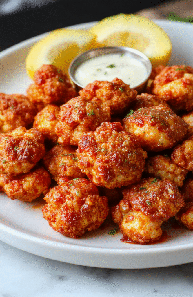 Golden brown crispy buffalo cauliflower bites, coated with spicy buffalo sauce, arranged on a white platter with a side of cooling blue cheese dip, garnished with fresh parsley, textures crispy and tender, vibrant orange and green hues contrast with the white background.