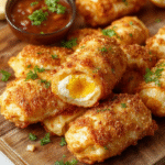 Colorful crispy Southwest egg rolls arranged on a rustic wooden platter, filled with vibrant corn, black beans, and melted cheese, garnished with fresh cilantro and sliced jalapenos, with a side of creamy dipping sauce, textured exterior contrasts with the soft, flavorful filling, styled for a casual family meal presentation.