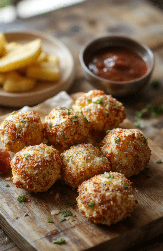 Golden crispy cauliflower florets coated with sesame seeds and vibrant green scallions, arranged on a white plate with a light drizzle of sauce, styled on a rustic wooden table with a neutral background highlighting textures and colors.