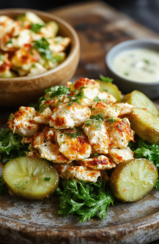 A vibrant plate of crunchy dill pickle chicken salad featuring shredded chicken coated in a creamy dill dressing, topped with chopped pickles and fresh herbs, arranged neatly on a colorful ceramic dish with a crisp, textured look and a few pickle slices for garnish, styled on a rustic wooden table.