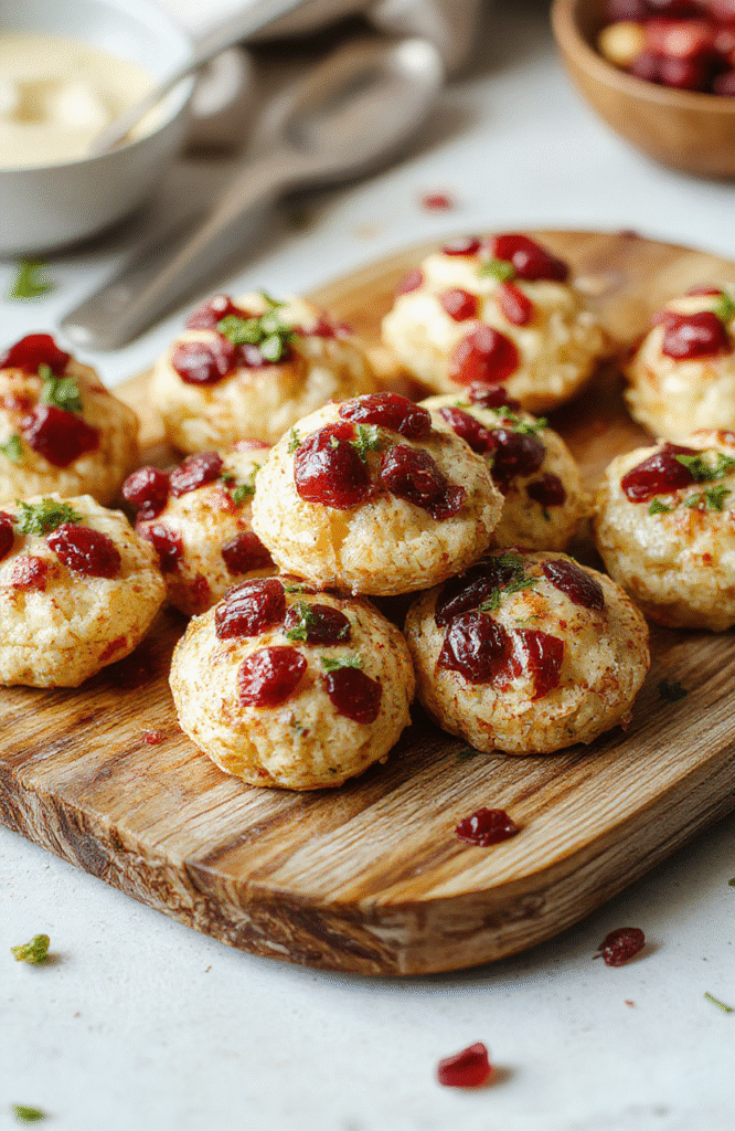Colorful baked cranberry brie bites arranged on a white plate, topped with fresh rosemary and drizzled with honey, showcasing golden pastry shells, vibrant red cranberries, creamy melted brie, and a glossy finish, styled with a rustic wooden background.