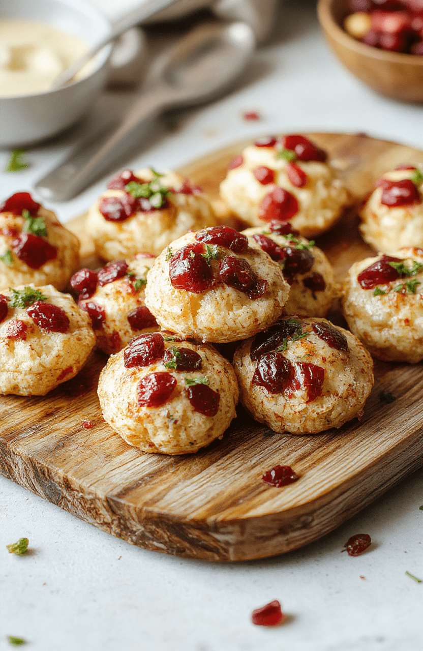 Colorful baked cranberry brie bites arranged on a white plate, topped with fresh rosemary and drizzled with honey, showcasing golden pastry shells, vibrant red cranberries, creamy melted brie, and a glossy finish, styled with a rustic wooden background.