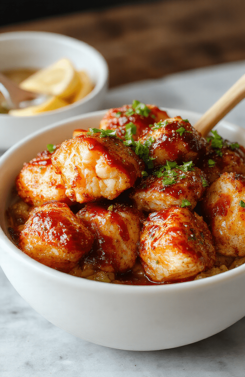 Colorful plate featuring golden-brown air fried salmon bites glazed with shiny teriyaki sauce, served over fluffy white rice with chopped green onions and sesame seeds, styled simply on a neutral-colored plate with a subtle background.