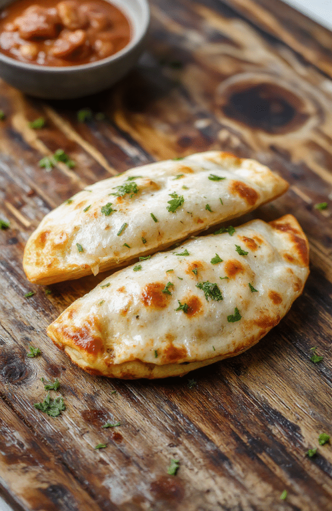Golden-brown air fryer calzones on a white plate, with melted cheese oozing out, garnished with fresh herbs, crisp exterior, inviting and appetizing.