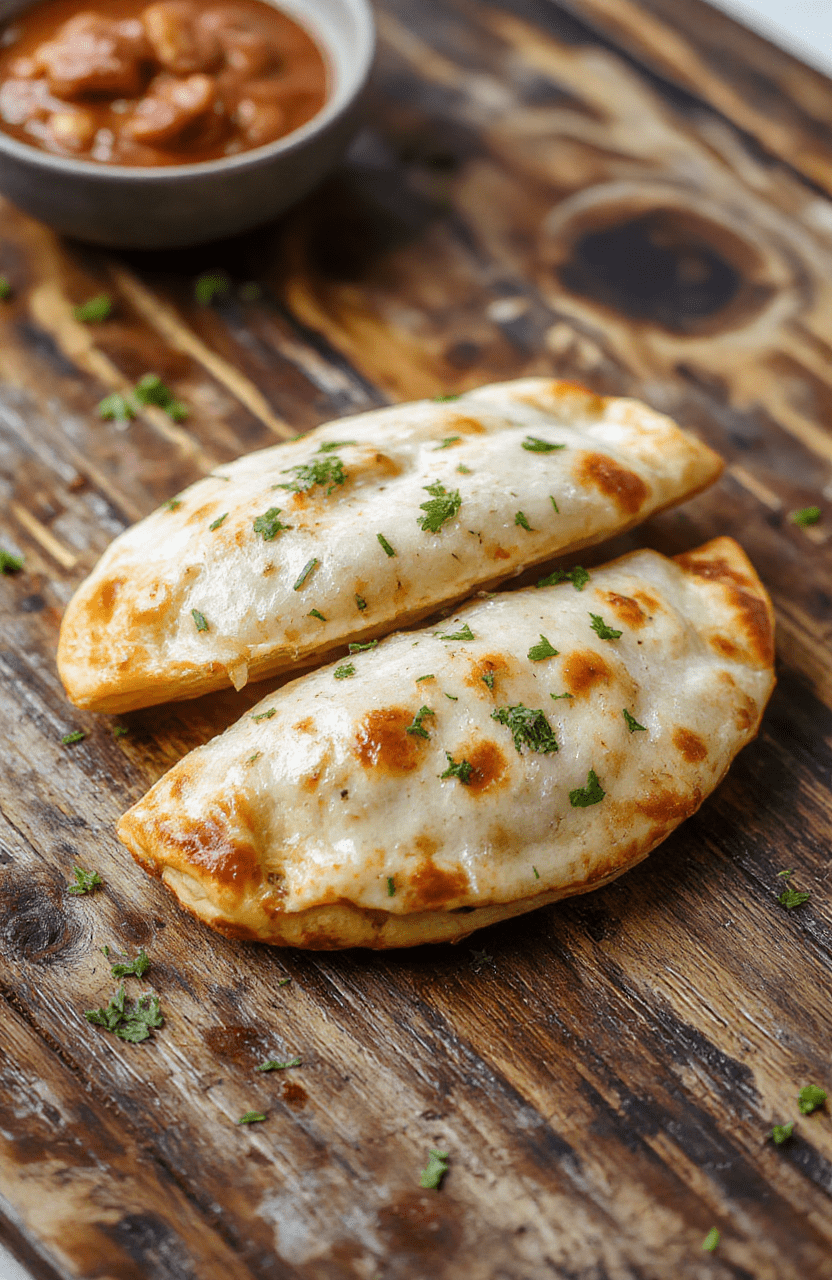 Golden-brown air fryer calzones on a white plate, with melted cheese oozing out, garnished with fresh herbs, crisp exterior, inviting and appetizing.