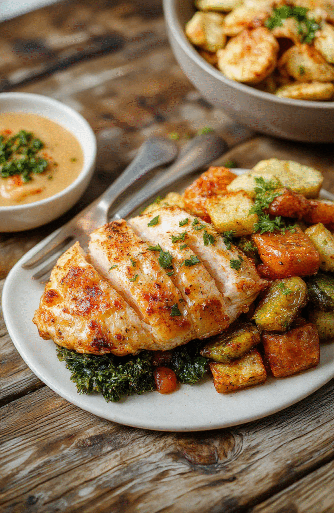 A vibrant plate featuring perfectly cooked golden-brown air fryer chicken breasts accompanied by colorful roasted vegetables on a rustic wooden table, with a focus on textures and appealing presentation.