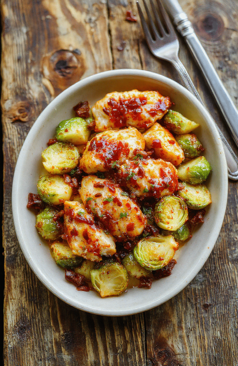 Colorful air fryer sweet chili chicken served with roasted Brussels sprouts, vibrant red chili glaze and crispy greens, styled on a white plate with fresh herbs, textured and appealing.