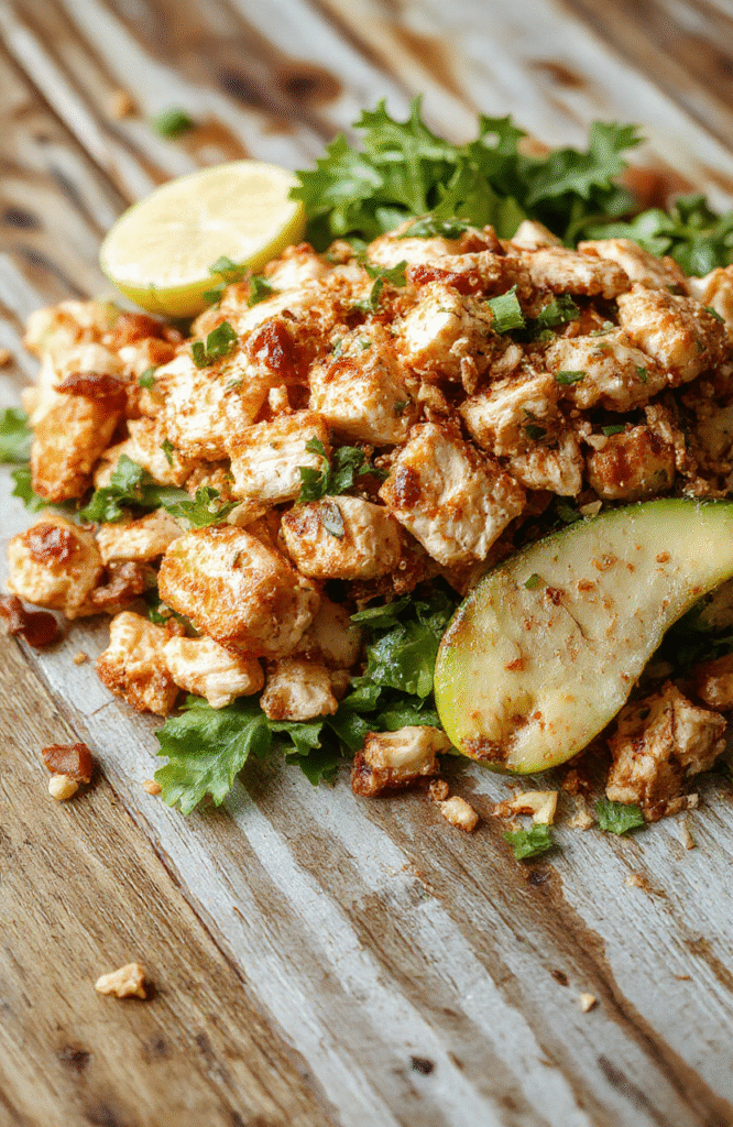 A vibrant Asian chicken crunch salad featuring shredded chicken, crunchy vegetables like cabbage, carrots, and bell peppers, topped with crispy chow mein noodles and sesame seeds, all arranged on a white plate with colorful ingredients contrasting against a neutral background.