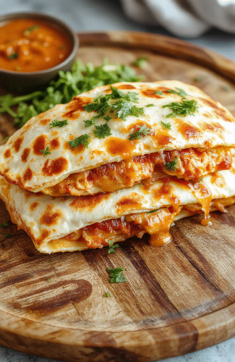 A vibrant plate featuring a golden-brown quesadilla filled with shredded BBQ chicken, melted cheese, and fresh cilantro, sliced into wedges, served on a rustic wooden board with a side of salsa and sour cream, showcasing textures of crispy edges and gooey cheese, styled casually.