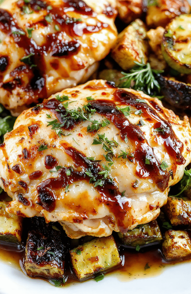 A beautifully plated baked chicken breast glazed with balsamic reduction topped with fresh herbs, accompanied by roasted vegetables on a rustic white plate with a wooden background.