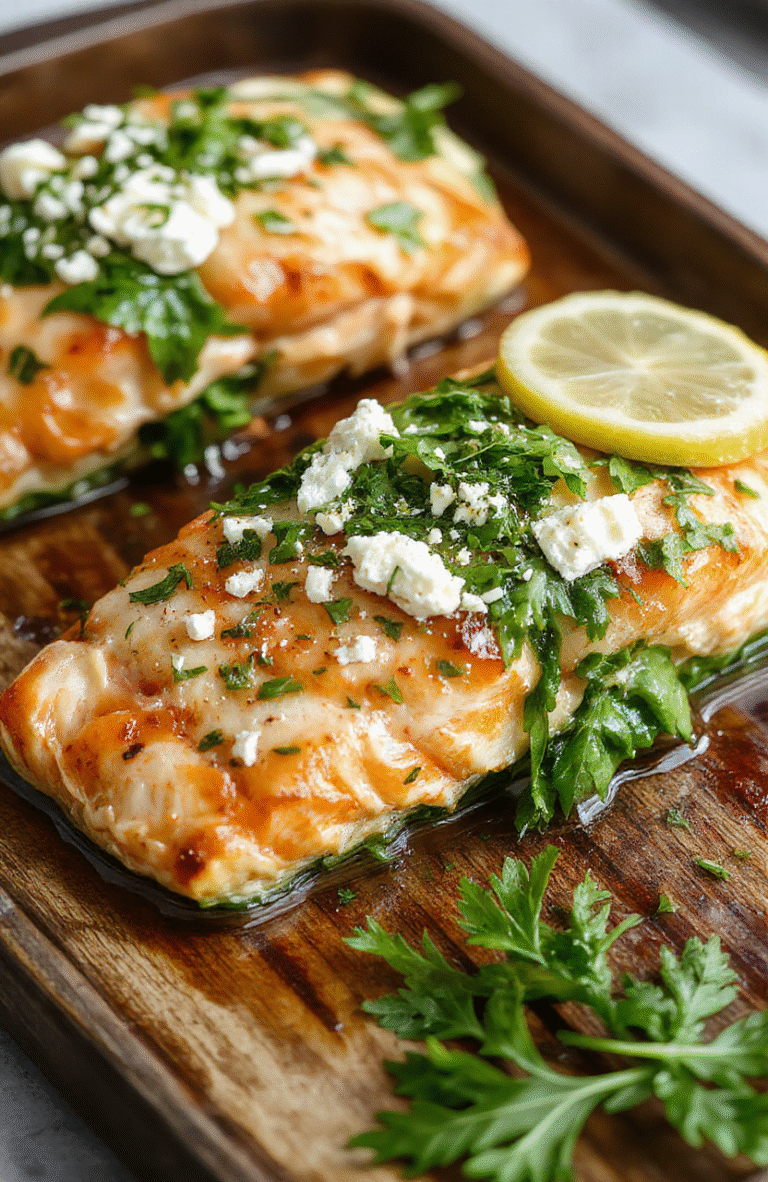 A beautifully plated baked stuffed salmon fillet topped with melted feta and fresh spinach, surrounded by vibrant green herbs, on a rustic wooden platter with lemon wedges, showcasing flaky, tender fish with a creamy filling and crisp edges.