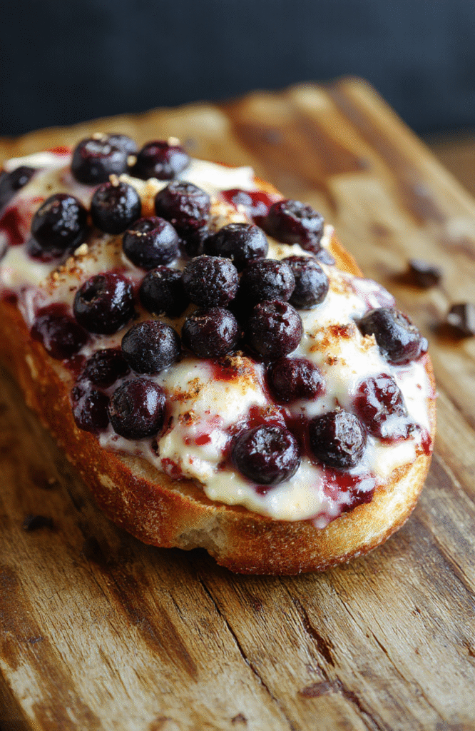 A golden brown blueberry cream cheese bread sliced open to reveal a creamy, blueberry-studded filling, topped with a light glaze, presented on a rustic wooden board with blueberries scattered around.