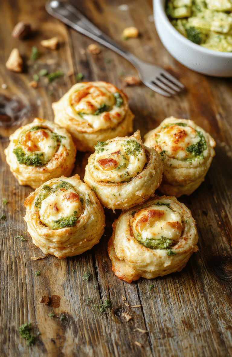 Colorful broccoli cheese pinwheels arranged on a light wooden platter, showcasing golden, flaky pastry filled with vibrant green broccoli florets and melted cheese, styled with a rustic touch and fresh herbs for an inviting look.