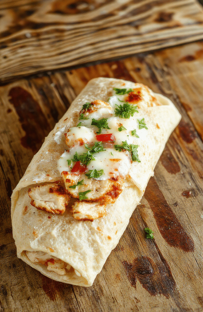 A vibrant chicken Caesar wrap sliced open to reveal juicy grilled chicken, crisp romaine lettuce, creamy Caesar dressing, all wrapped in a golden tortilla, styled with fresh lemon wedges and Parmesan cheese scattered around.