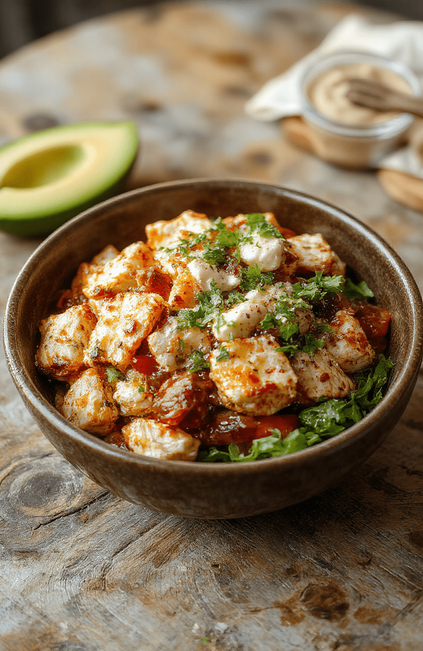 A colorful chicken fajita burrito bowl featuring seasoned grilled chicken strips, sautéed bell peppers and onions, fresh cilantro, and shredded cheese arranged in a vibrant ceramic bowl, with a drizzle of sour cream and lime wedges on the side, all styled on a rustic wooden table.