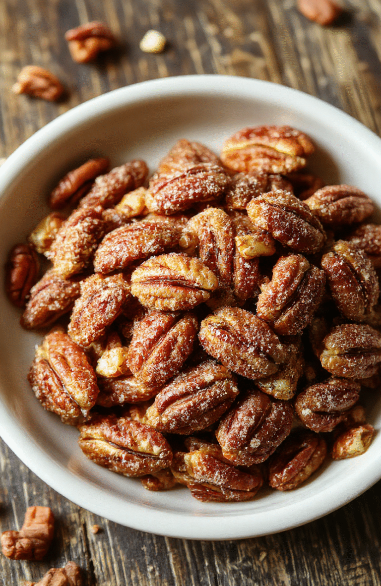 A bowl of golden toasted pecans coated in a glistening cinnamon sugar mixture, styled on a rustic wooden surface with a light dusting of cinnamon around, with some pecans spilling out for a natural, inviting look.