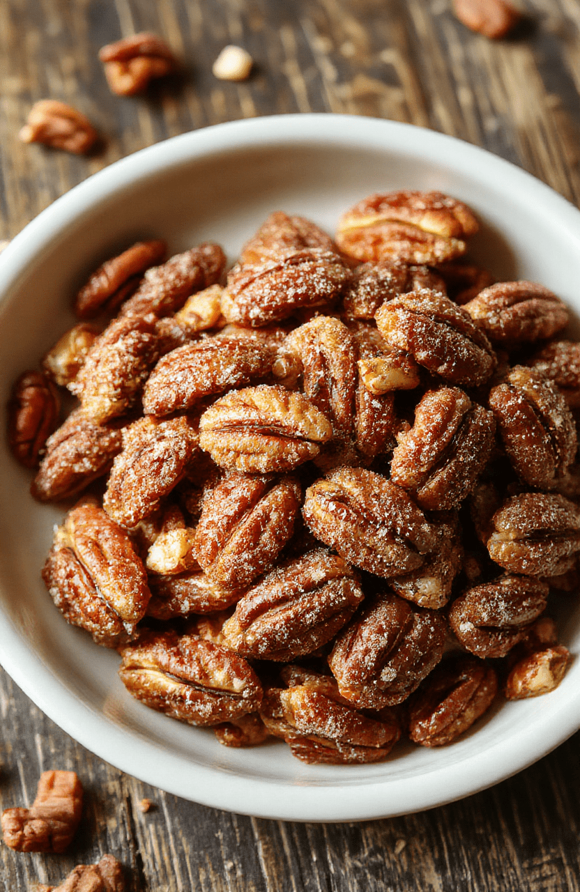 A bowl of golden toasted pecans coated in a glistening cinnamon sugar mixture, styled on a rustic wooden surface with a light dusting of cinnamon around, with some pecans spilling out for a natural, inviting look.