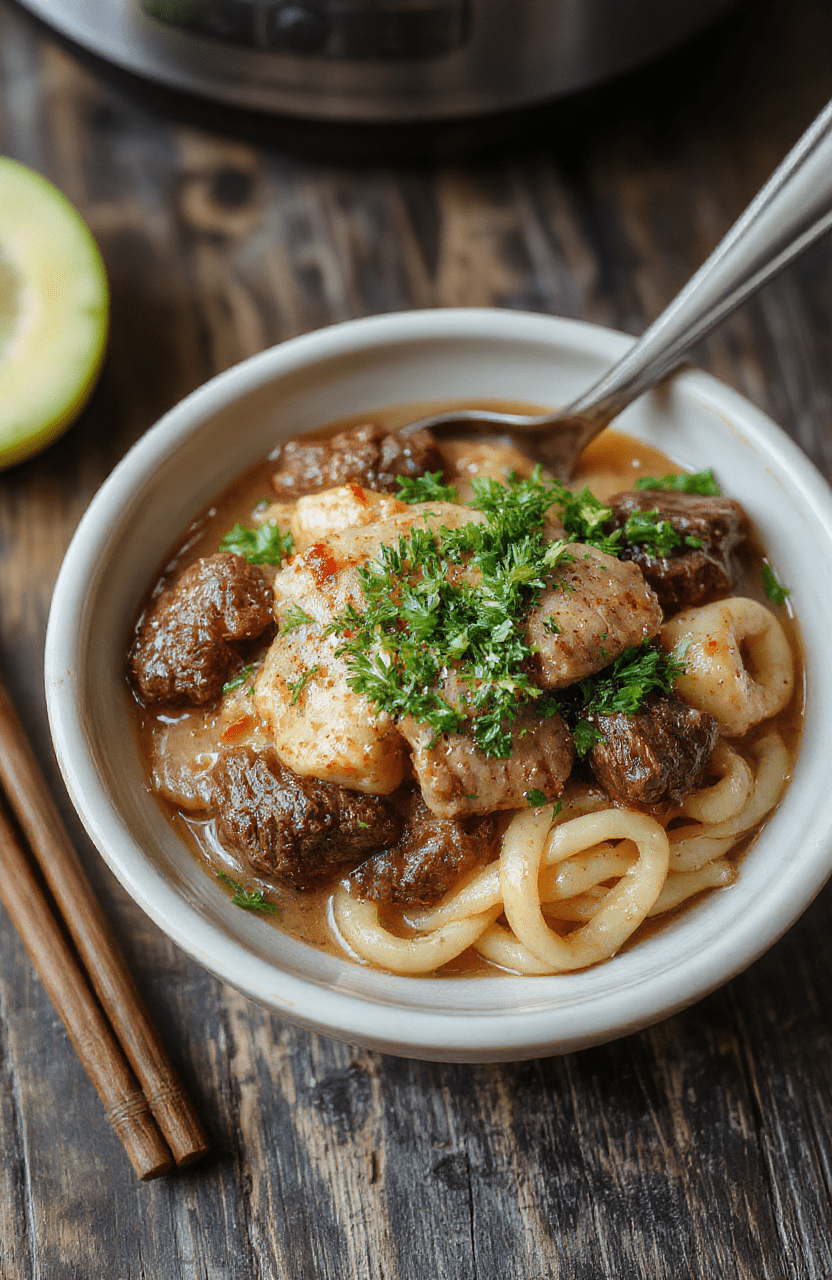 A hearty bowl of slow cooker beef and noodles topped with fresh herbs, featuring tender beef chunks, wide egg noodles, and a rich gravy, styled simply on a rustic wooden table with soft natural lighting.