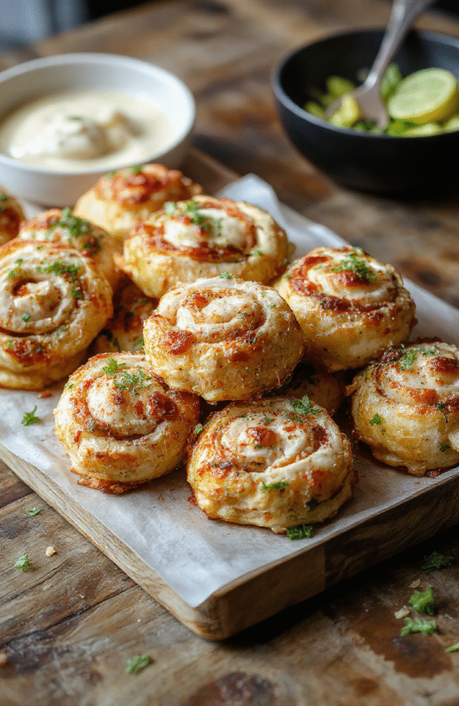 Colorful chicken crack pinwheels with melted cheese and crispy bacon slices, sliced diagonally on a rustic wooden platter, garnished with chopped green onions, showcasing flaky layers and gooey cheese textures, styled casually with a neutral background.