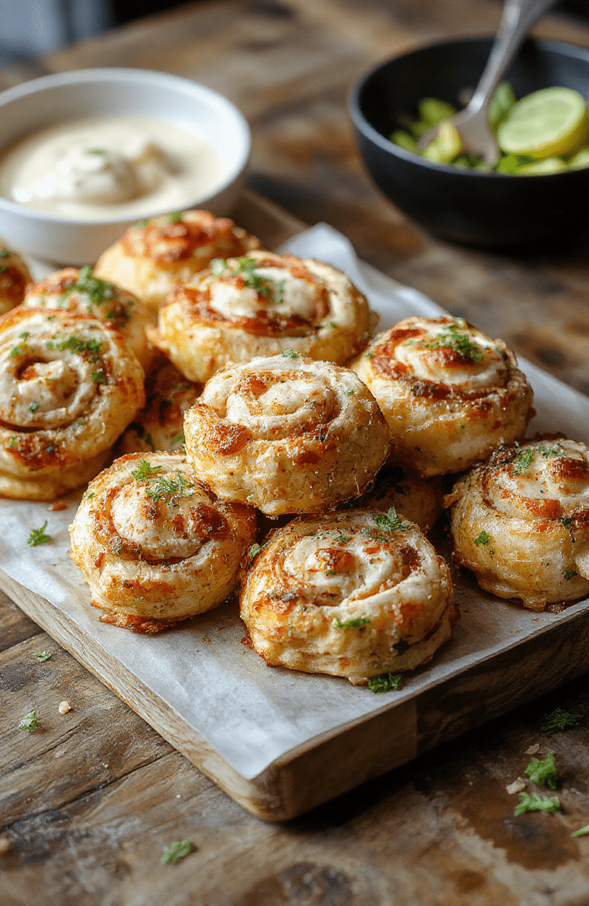 Colorful chicken crack pinwheels with melted cheese and crispy bacon slices, sliced diagonally on a rustic wooden platter, garnished with chopped green onions, showcasing flaky layers and gooey cheese textures, styled casually with a neutral background.