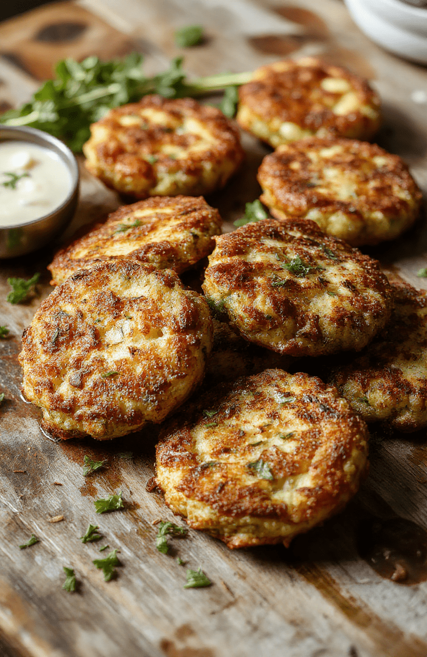 Golden-brown crispy zucchini fritters stacked on a white plate, garnished with fresh herbs, showing a crunchy textured exterior and tender zucchini inside, styled simply with a rustic background