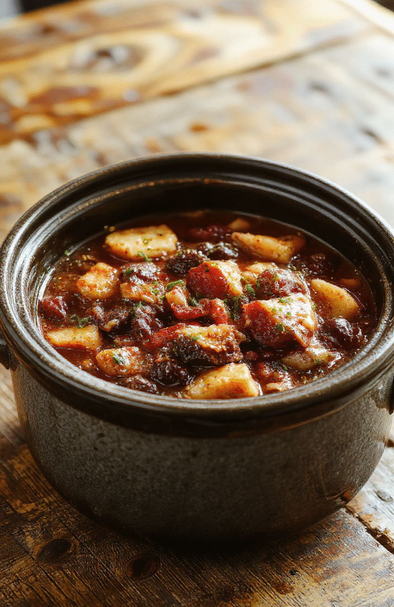 A rustic bowl of crock pot poor man's stew with tender beef, carrots, potatoes, and peas, topped with fresh herbs, set on a wooden table with warm lighting, steam rising, inviting and hearty appearance, styled simply for a home-cooked feel.