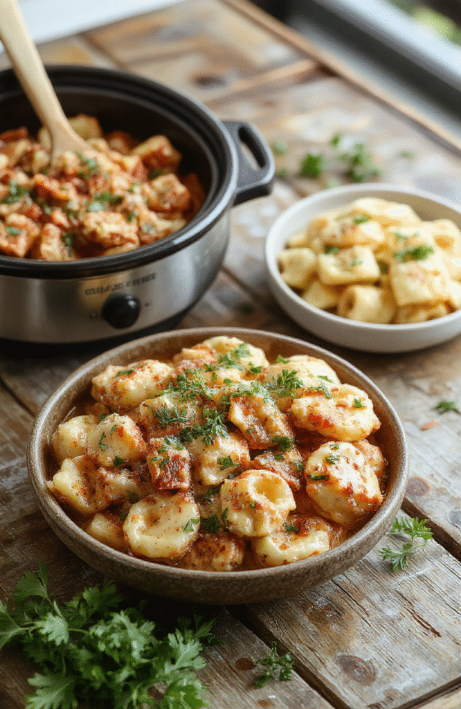 A vibrant bowl of creamy crockpot chicken tortellini garnished with fresh herbs, surrounded by ripe tomatoes and shredded cheese, plated on a rustic wooden surface with a soft focus on the rich, saucy pasta